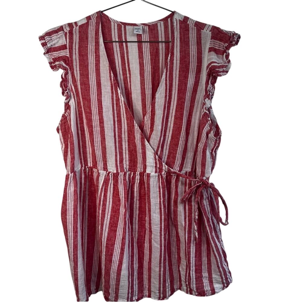 Old Navy Maternity Linen Cotton Faux Wrap Top | Red Stripe | Boho Cottagecore XL